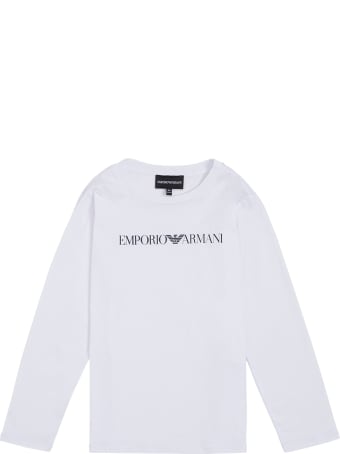Emporio Armani Long-sleeved White Cotton T-shirt With Logo Print