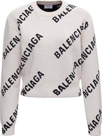Balenciaga Cotton Crop Sweater With Allover Logo Print