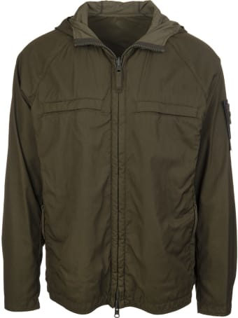 Stone Island Khaki Green Virgin Wool Blend Logo Hooded Jacket