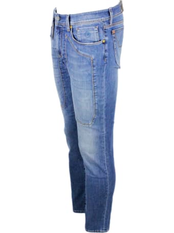 Jeckerson 5-pocket Denim Jeans Trousers In Stretch Cotton With Stitching On Zip Patch With Slim Fit