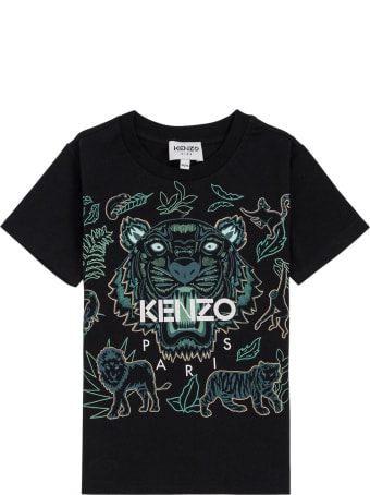 Kenzo Kids Black Cotton T-shirt With Tiger Print