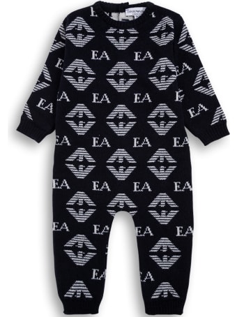 Emporio Armani Blue Wool And Silk Onesie With Allover Logo Print