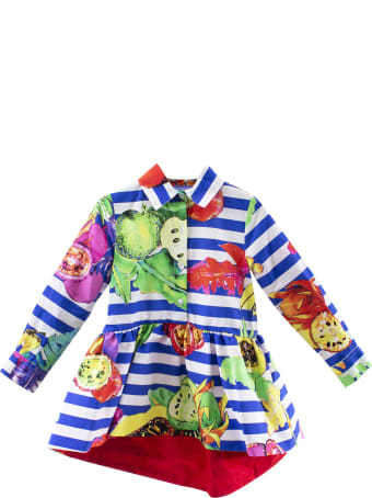 Stella Jean Little Girl Dress With Blue Stripes With Fruits