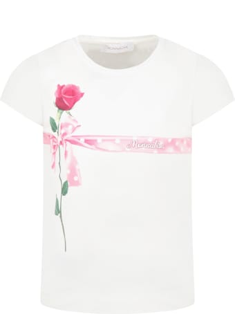 Monnalisa White T-shirt For Girl With Rose