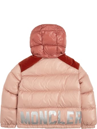 Moncler Pink And Red Nylon Down Jacket With Logo Print
