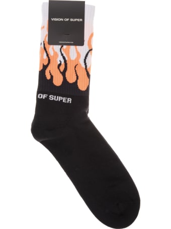 Vision of Super Yellow Socks With Double Black And Orange Flame