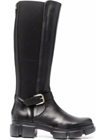 Pollini Black Leather Boots With Side Buckle