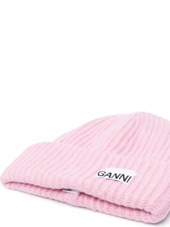 Ganni Cappello Rosa In Lana Ricicata E Logo
