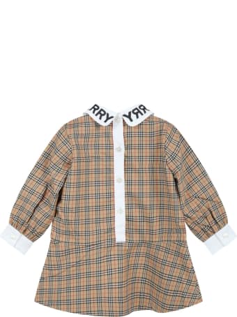 Burberry Beige Dress For Baby Girl With Black Logo