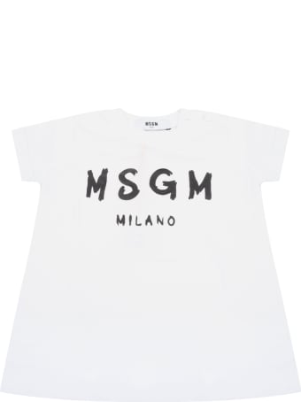 MSGM White Dress For Babygirl With Logo