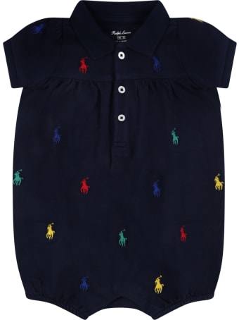 Ralph Lauren Blue Romper For Baby Girl With Pony Logos