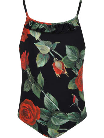 Dolce & Gabbana Black Swimsuit For Girl With Roses