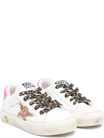 Golden Goose Kid White Super-star Sneakers With Pink Glitter Star And Leopard Laces
