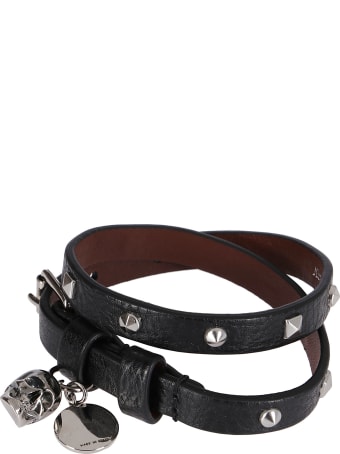 Alexander McQueen Black Leather Skull Bracelet