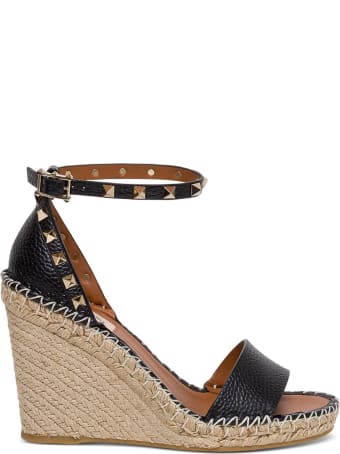 Valentino Garavani Rockstud Double Wedge Sandal In Black Leather