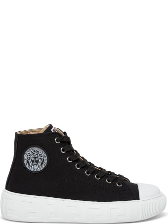 Versace Greca Sneakers In Black Canvas With Logo
