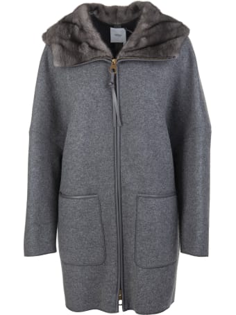 Agnona Woman Coat In Grey Cashmere With Fur