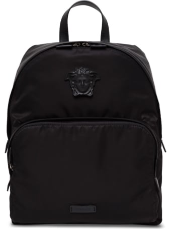Versace Black Nylon And Leather Backpack With Logo