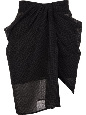 Balmain Black Mini Skirt With Monogram And Draping