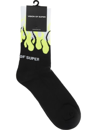 Vision of Super Black And Fluo Yellow Double Flames Socks