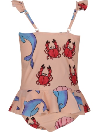 Mini Rodini Pink Swimsuit For Girl With Dolphins And Crabs