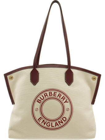 Burberry Medium Logo Graphic Cotton Canvas Society Tote Natural/garnet