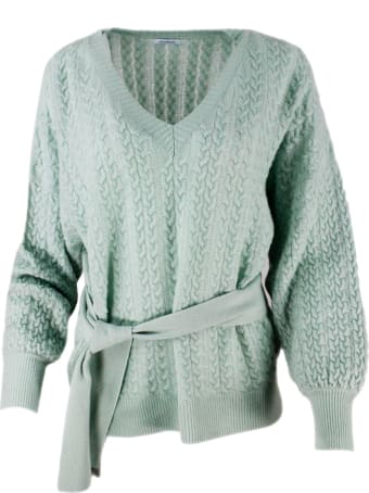 Malo Long-sleeved V-neck Sweater With Braids And Belt