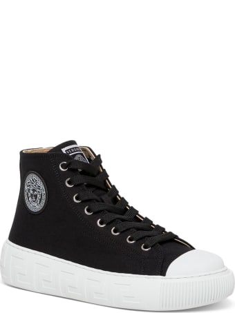 Versace Greca Sneakers In Black Canvas With Logo