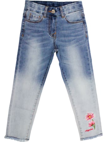 Monnalisa 5-pocket Trousers In Degradé Denim With Embroidery