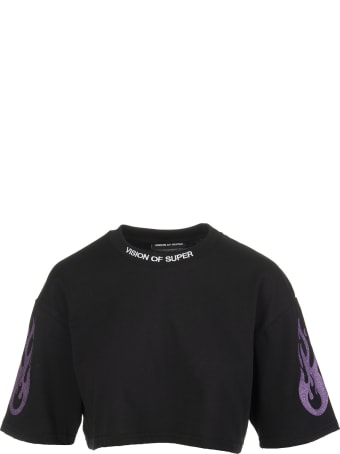 Vision of Super Black Cropped Woman T-shirt With Glitter Purple Flame