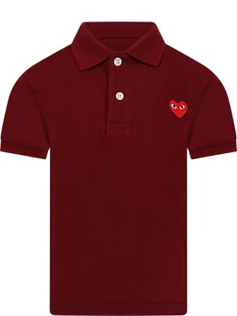 Comme des Garçons Play Burgundy Polo T-shirt For Kids With Logo