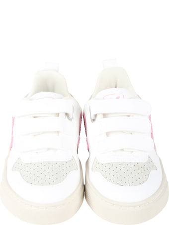 Veja White Sneakers For Girl With Pink Logo