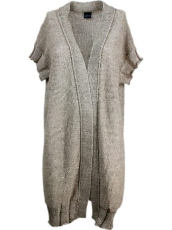 Lorena Antoniazzi Short-sleeved Maxi Cardigan Sweater In Linen And Cotton With Micro Sequins