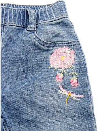 Monnalisa Jeans Trousers With Elastic Waistband And Rose Embroidery