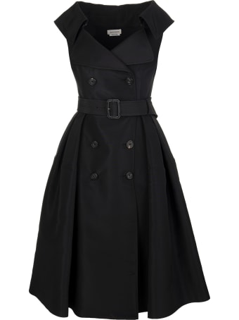 Alexander McQueen Black Midi Dress In Silk Faille With Belt