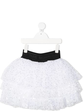 Balmain Kid White And Black Flounced Skirt With Sequins