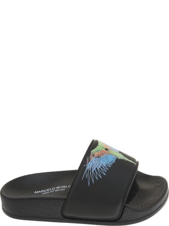 Marcelo Burlon Black Kid Slippers With Multicolored Wings Print