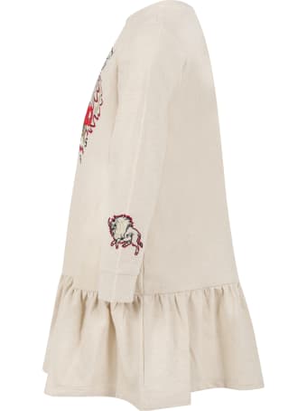 Kenzo Kids Beige Dress For Girl With Tiger
