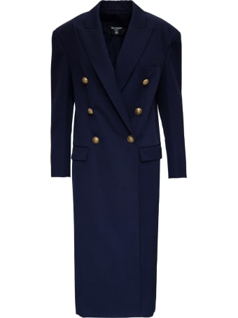 Balmain Long Double-breasted Blue Wool Coat