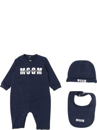 MSGM Blue Romper With Logo, Hat And Bib