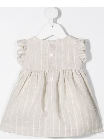 Il Gufo Newborn Beige Linen Striped Dress With Bows