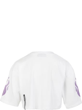 Vision of Super White Cropped Woman T-shirt With Glitter Purple Flame