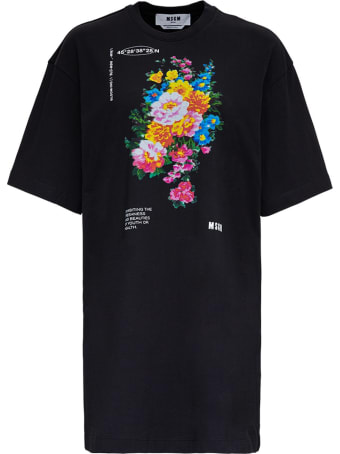 MSGM Black Jersey Dress With Floral Print