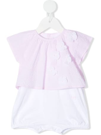 Il Gufo Pink And White Seersucker Romper With Flowers