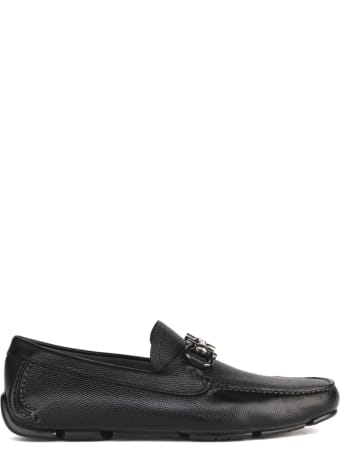Salvatore Ferragamo Black Gancini Loafer In Hammered Leather