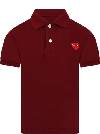 Comme des Garçons Play Burgundy Polo T-shirt For Kids With Logo