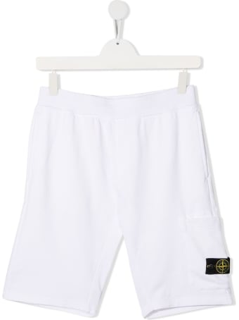 Stone Island Junior White Jersey Bermuda With Logo Patch