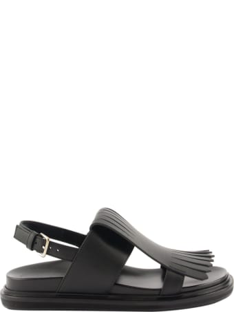 Marni Fringed Fussbett In Calfskin Black Sandals