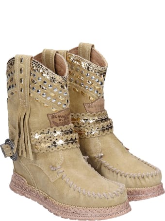 El Vaquero Yara Low Heels Ankle Boots In Beige Suede