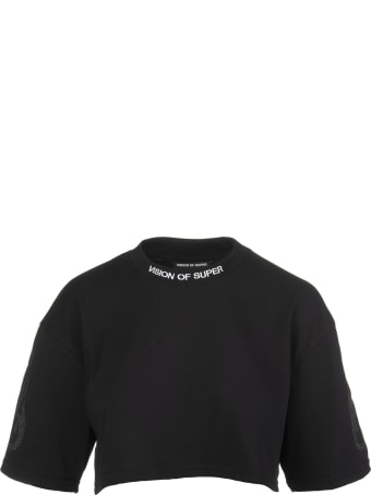 Vision of Super Black Cropped Woman T-shirt With Glitter Black Flame